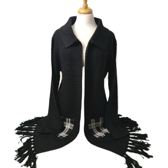 Belldini Sweaters - 😎 NWT BELLDINI LOOK GET IT LOVE IT BLACK TASSEL TRIM OPEN FRONT LONG CARDIGAN L